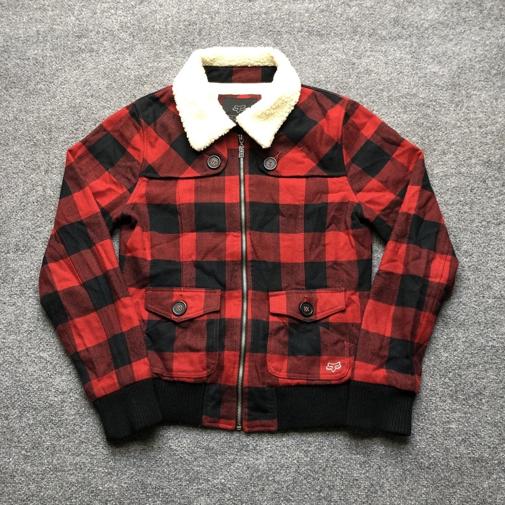 FOX Girls Jacket Girls Large Red Plaid Flannel Sherpa Collar Fleece Lined